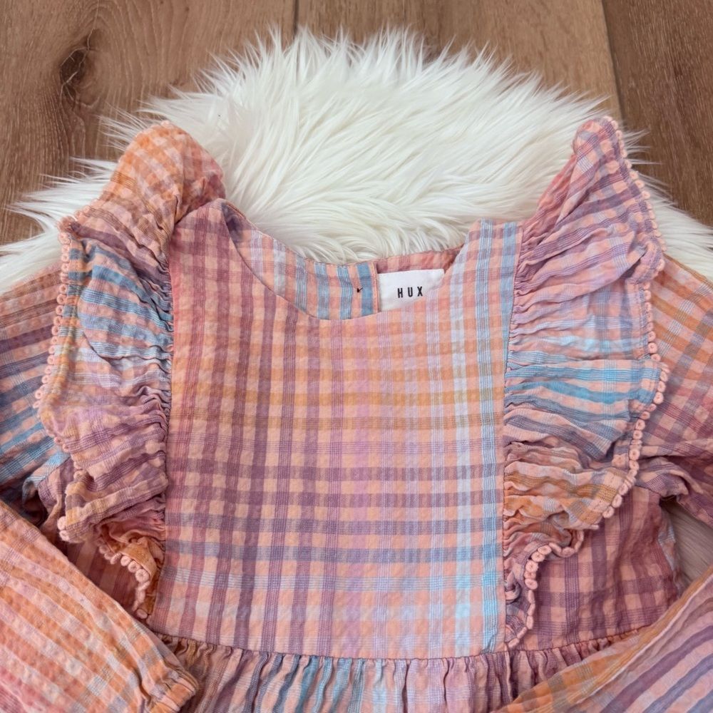 Huxbaby Pink Peach Blue Plaid Ruffle Long Sleeve Kids Dress - Size 7 — image 4 of 5